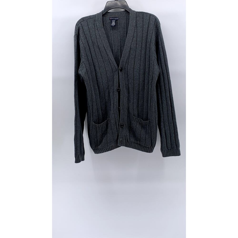 KNIGHTDBRIDGE Men's Vintage Gray Wide Rib Knit V-Neck Button-Up Cardigan SZ M